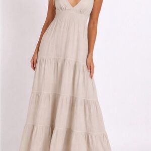 Seaspice Samantha Maxi Dress Beige Cotton Tiered Smocked Back Resort large NWT